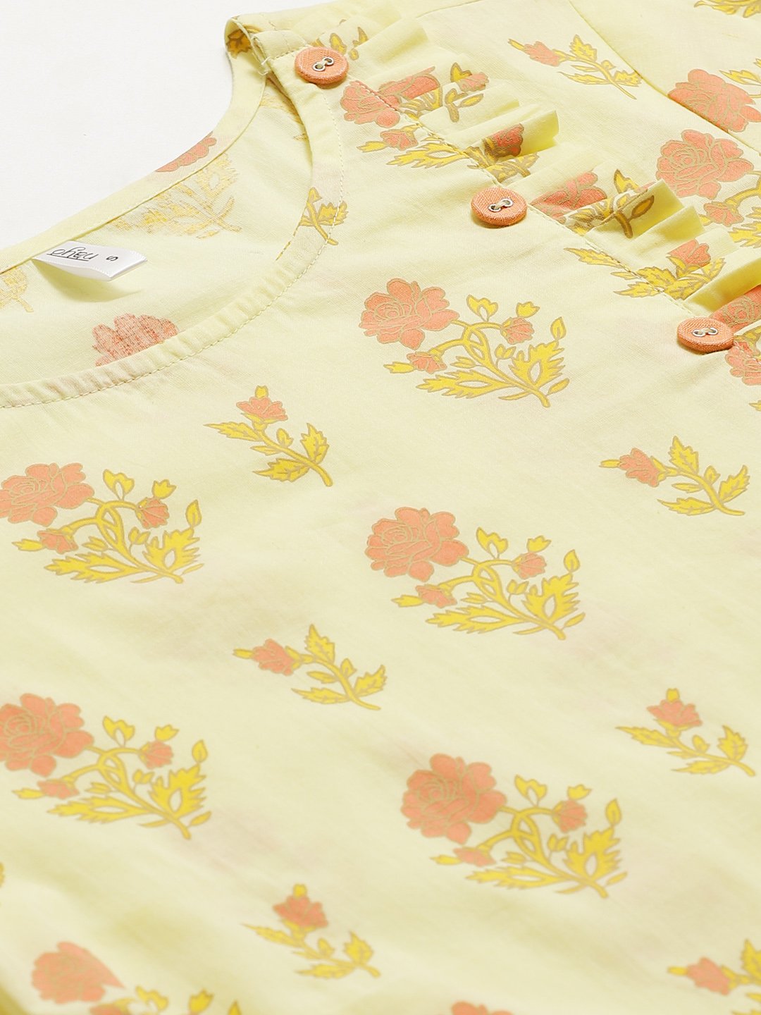 Women's Yellow Calf Length Three-Quarter Sleeves Straight Floral Yoke Design Cotton Kurta