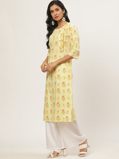 Women's Yellow Calf Length Three-Quarter Sleeves Straight Floral Yoke Design Cotton Kurta