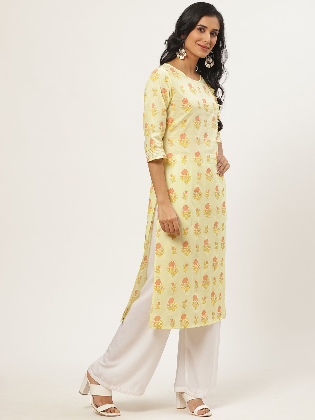 Women's Yellow Calf Length Three-Quarter Sleeves Straight Floral Yoke Design Cotton Kurta