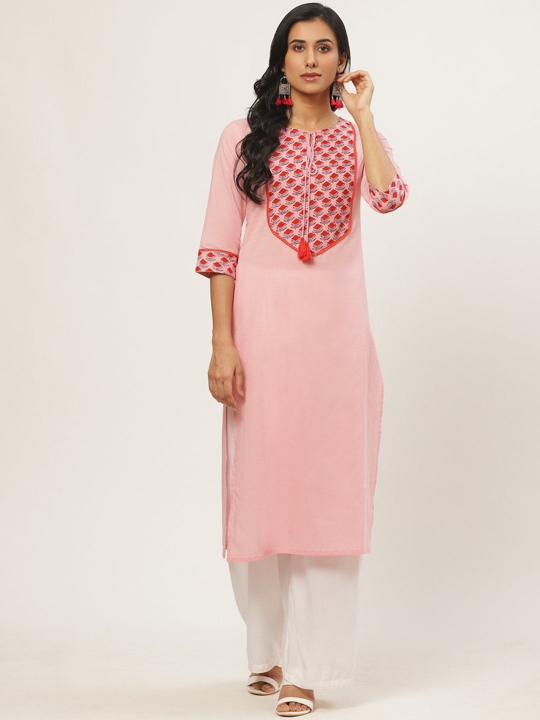 Women's Pink Calf Length Three-Quarter Sleeves Straight Solid Yoke Design Cotton Kurta