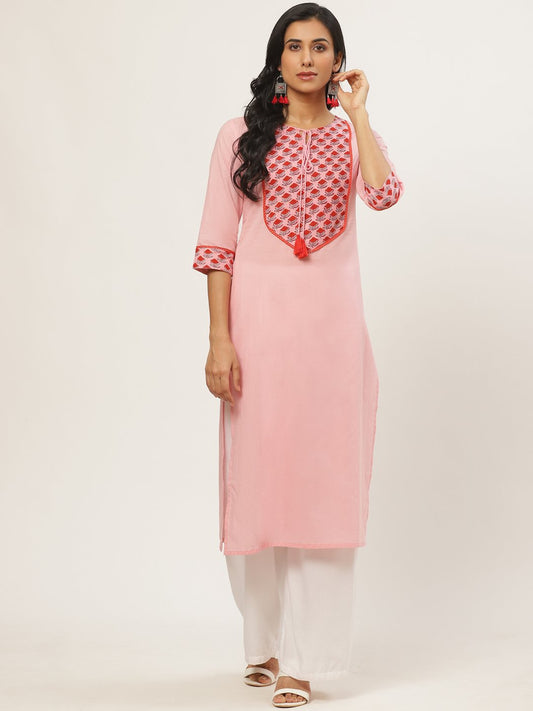 Women's Pink Calf Length Three-Quarter Sleeves Straight Solid Yoke Design Cotton Kurta