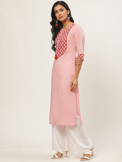 Women's Pink Calf Length Three-Quarter Sleeves Straight Solid Yoke Design Cotton Kurta