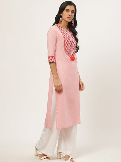 Women's Pink Calf Length Three-Quarter Sleeves Straight Solid Yoke Design Cotton Kurta