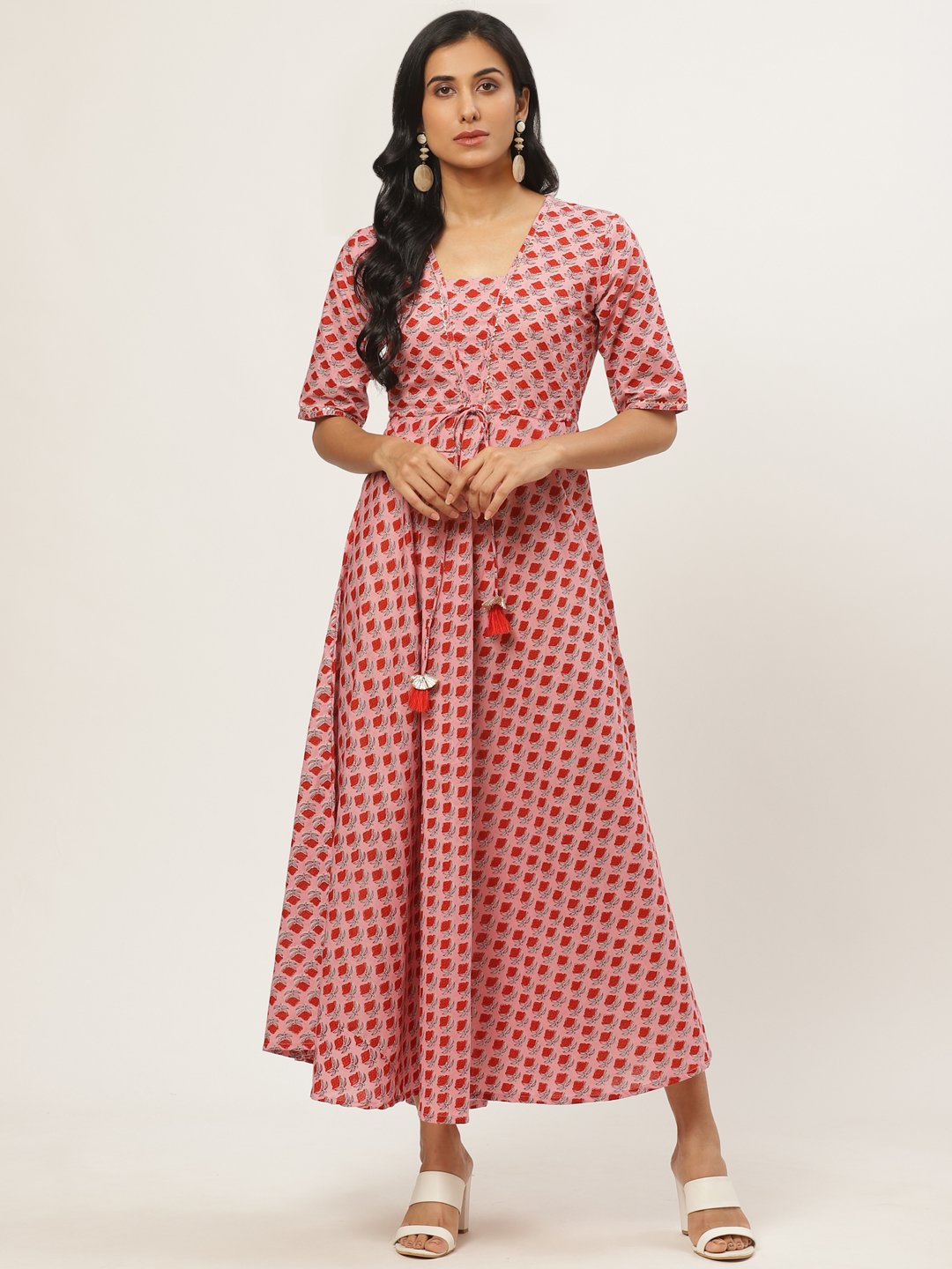 Women's Pink Floral Printed Square Neck Cotton Fit And Flare Dress