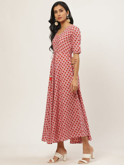 Women's Pink Floral Printed Square Neck Cotton Fit And Flare Dress
