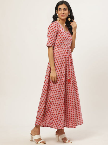 Women's Pink Floral Printed Square Neck Cotton Fit And Flare Dress