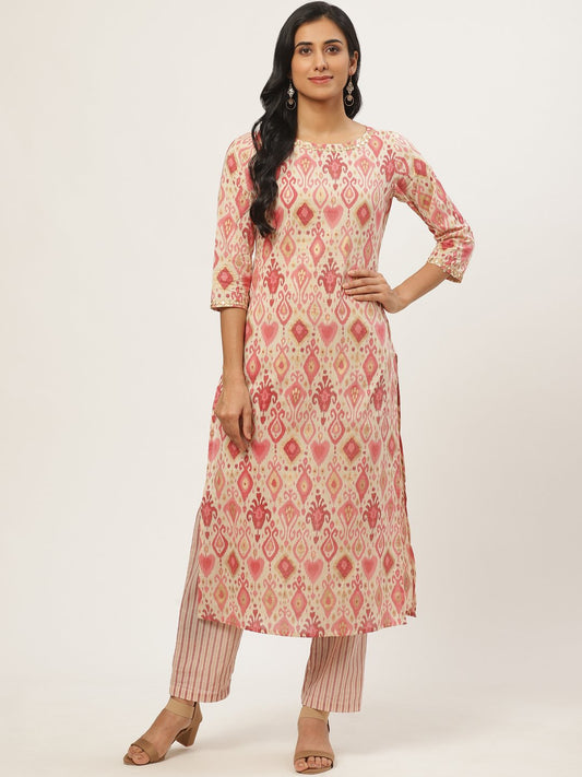 Women's Beige Three-Quarter Sleeves Straight Kurta With Trouser