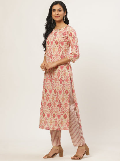 Women's Beige Three-Quarter Sleeves Straight Kurta With Trouser