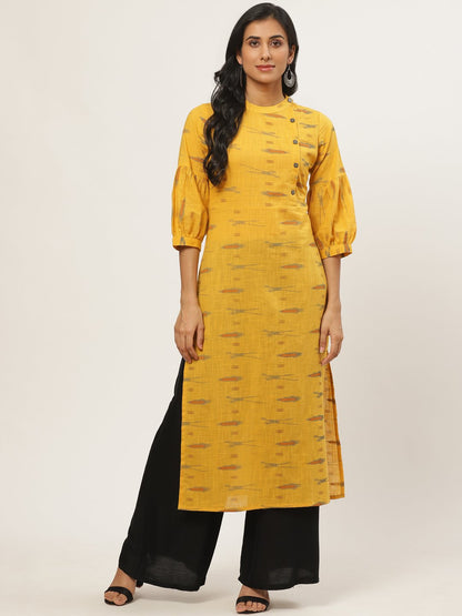 Women's Mustard Calf Length Three-Quarter Sleeves Straight Abstract Yoke Design Cotton Kurta