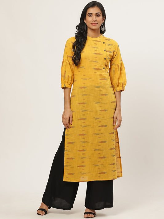 Women's Mustard Calf Length Three-Quarter Sleeves Straight Abstract Yoke Design Cotton Kurta