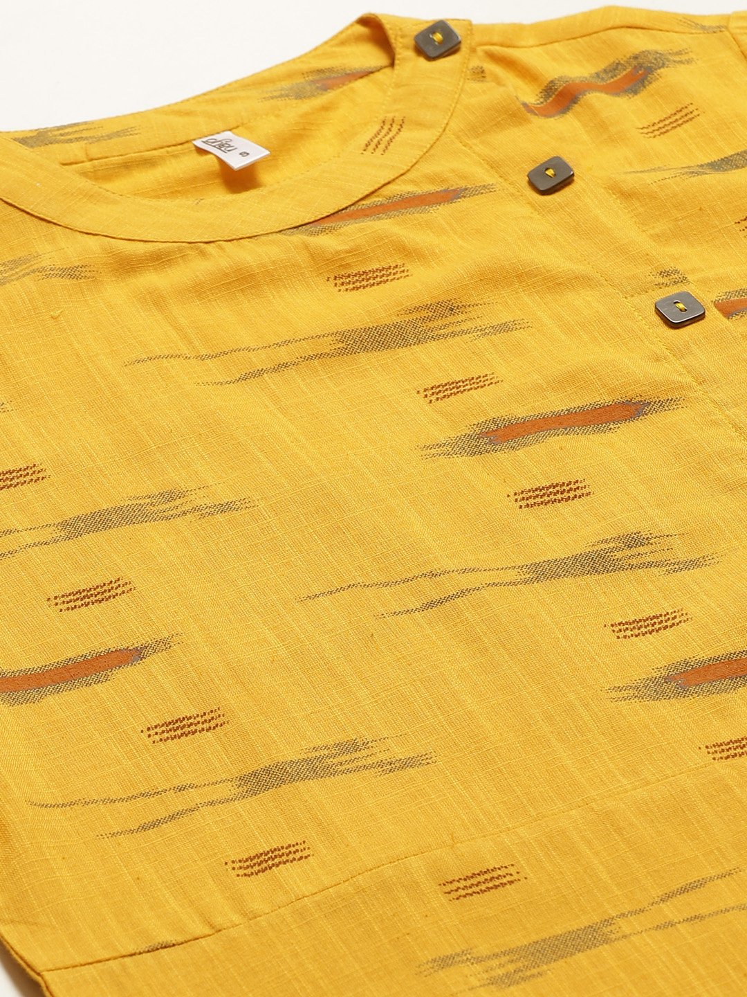 Women's Mustard Calf Length Three-Quarter Sleeves Straight Abstract Yoke Design Cotton Kurta