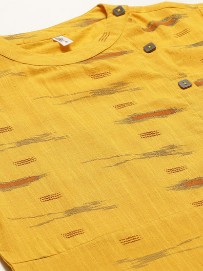 Women's Mustard Calf Length Three-Quarter Sleeves Straight Abstract Yoke Design Cotton Kurta