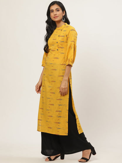 Women's Mustard Calf Length Three-Quarter Sleeves Straight Abstract Yoke Design Cotton Kurta