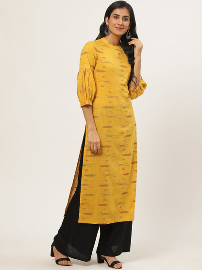 Women's Mustard Calf Length Three-Quarter Sleeves Straight Abstract Yoke Design Cotton Kurta