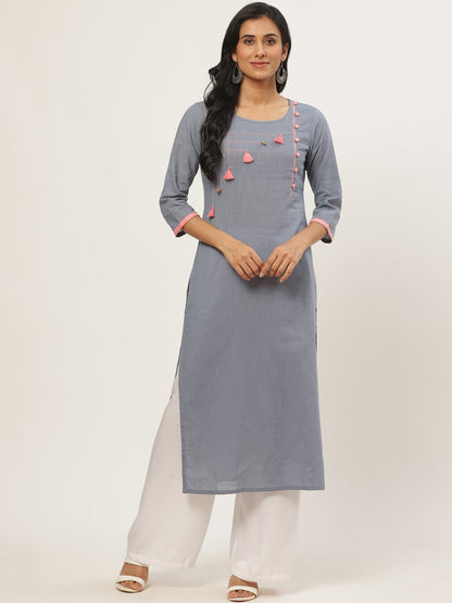 Women's Grey Calf Length Three-Quarter Sleeves Straight Solid Yoke Design Cotton Kurta