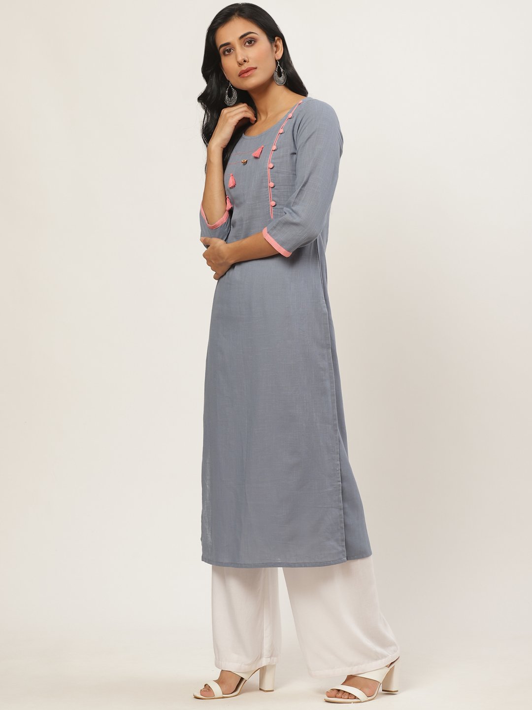Women's Grey Calf Length Three-Quarter Sleeves Straight Solid Yoke Design Cotton Kurta