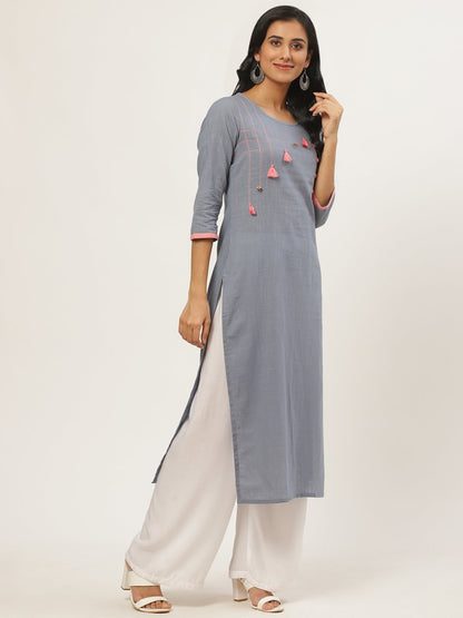 Women's Grey Calf Length Three-Quarter Sleeves Straight Solid Yoke Design Cotton Kurta