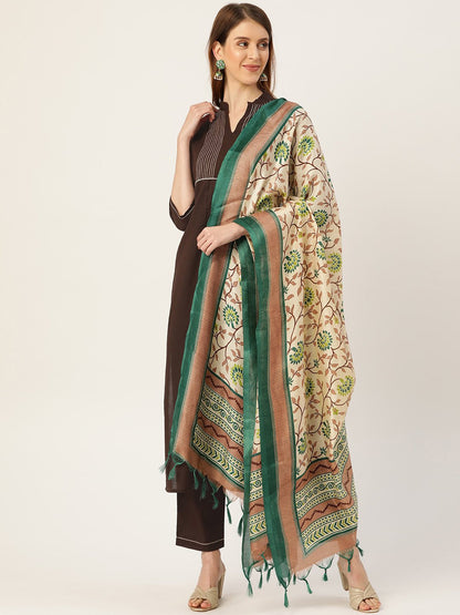 Women's Brown Three-Quarter Sleeves Straight Kurta Trouser Dupatta Set