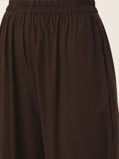 Women's Brown Three-Quarter Sleeves Straight Kurta Trouser Dupatta Set