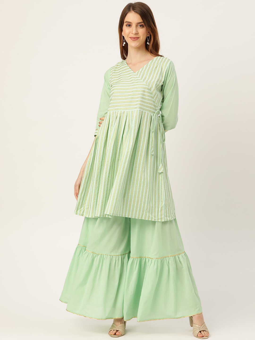 Women's Green Three-Quarter Sleeves Flared Kurta And Sharara Set