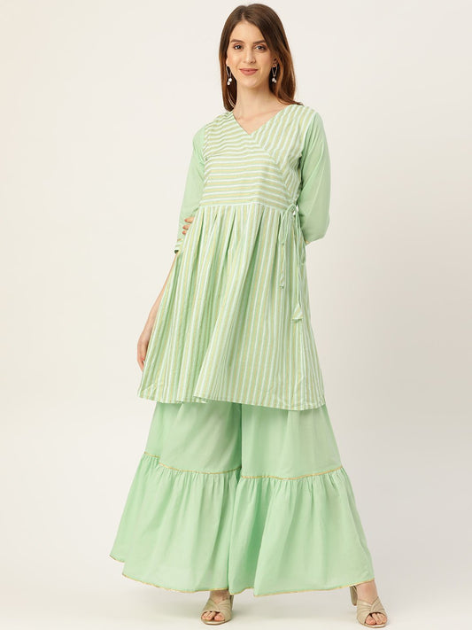 Women's Green Three-Quarter Sleeves Flared Kurta And Sharara Set