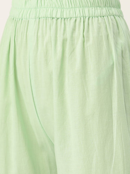 Women's Green Three-Quarter Sleeves Flared Kurta And Sharara Set