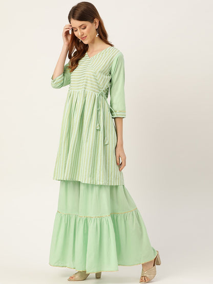 Women's Green Three-Quarter Sleeves Flared Kurta And Sharara Set