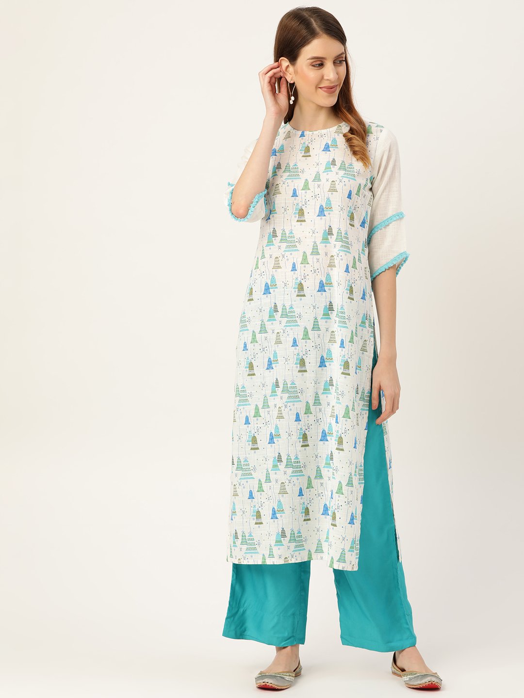 Women's White Calf Length Three-Quarter Sleeves Straight Quirky Printed Cotton Kurta