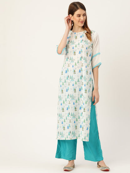 Women's White Calf Length Three-Quarter Sleeves Straight Quirky Printed Cotton Kurta