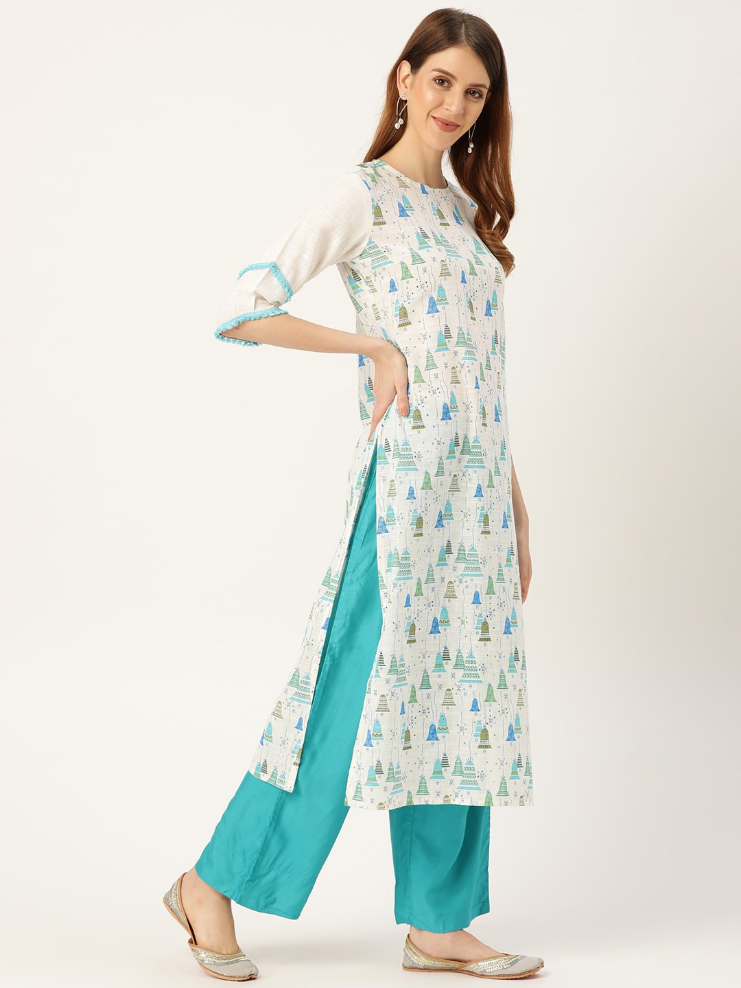 Women's White Calf Length Three-Quarter Sleeves Straight Quirky Printed Cotton Kurta