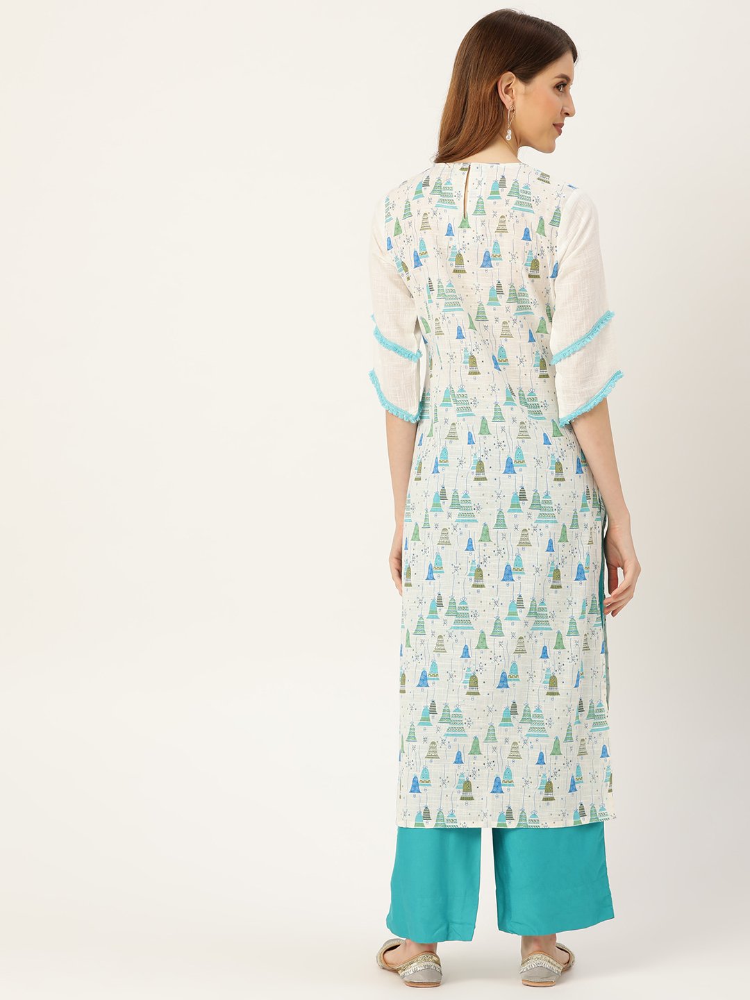 Women's White Calf Length Three-Quarter Sleeves Straight Quirky Printed Cotton Kurta