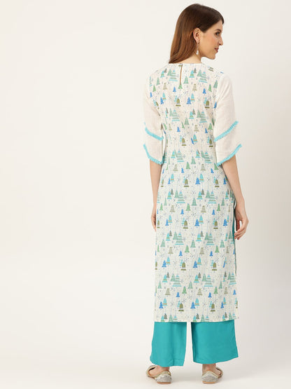 Women's White Calf Length Three-Quarter Sleeves Straight Quirky Printed Cotton Kurta