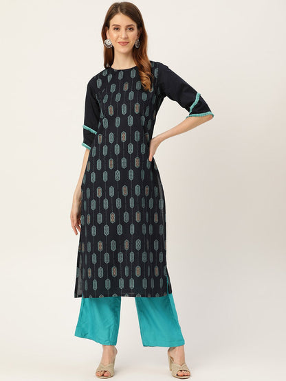 Women's Navy Blue Calf Length Three-Quarter Sleeves Straight Ethnic Motifs Printed Cotton Kurta