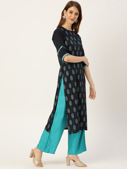 Women's Navy Blue Calf Length Three-Quarter Sleeves Straight Ethnic Motifs Printed Cotton Kurta