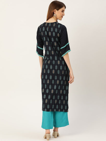 Women's Navy Blue Calf Length Three-Quarter Sleeves Straight Ethnic Motifs Printed Cotton Kurta