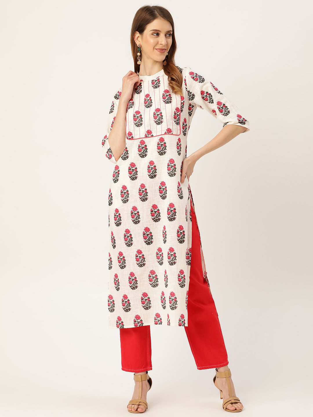 Women's White Calf Length Three-Quarter Sleeves Straight Floral Printed Cotton Kurta