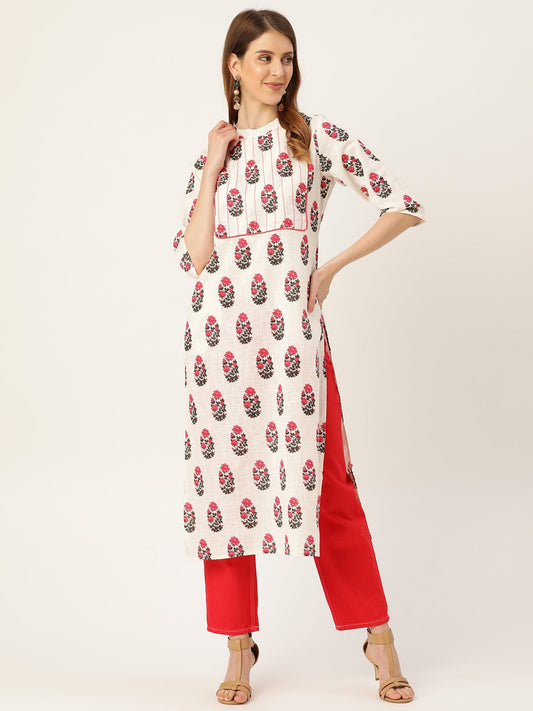 Women's White Calf Length Three-Quarter Sleeves Straight Floral Printed Cotton Kurta