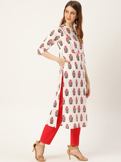 Women's White Calf Length Three-Quarter Sleeves Straight Floral Printed Cotton Kurta