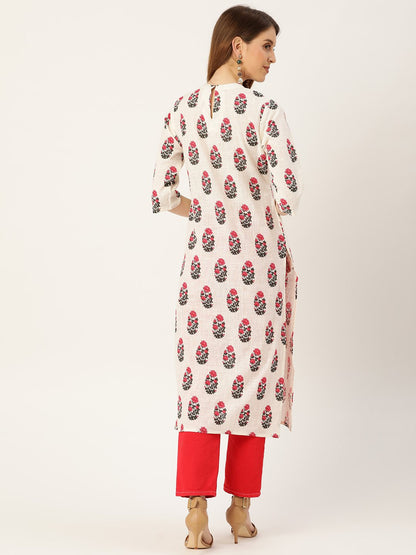 Women's White Calf Length Three-Quarter Sleeves Straight Floral Printed Cotton Kurta