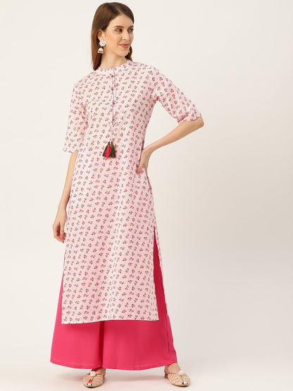 Women's Pink Calf Length Three-Quarter Sleeves Straight Floral Printed Cotton Kurta