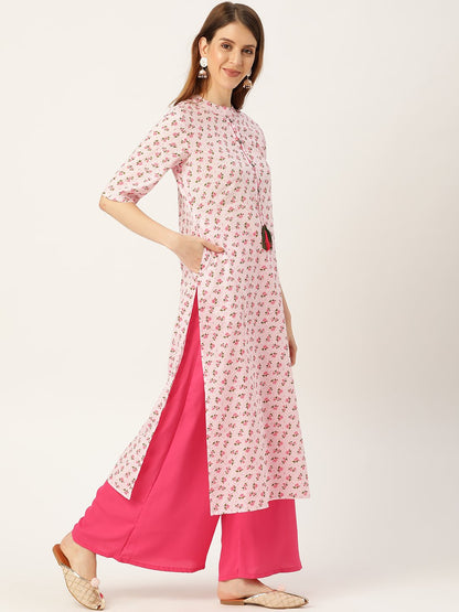 Women's Pink Calf Length Three-Quarter Sleeves Straight Floral Printed Cotton Kurta