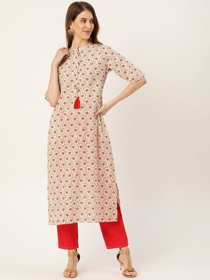 Women's Beige Calf Length Three-Quarter Sleeves Straight Floral Printed Cotton Kurta