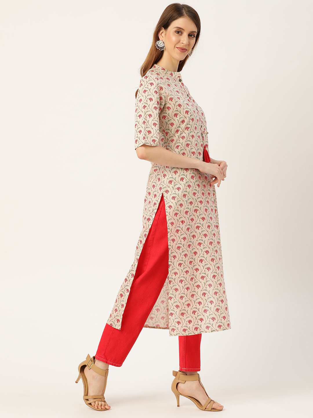Women's Beige Calf Length Three-Quarter Sleeves Straight Floral Printed Cotton Kurta