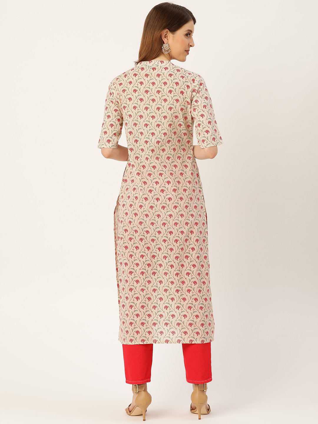 Women's Beige Calf Length Three-Quarter Sleeves Straight Floral Printed Cotton Kurta