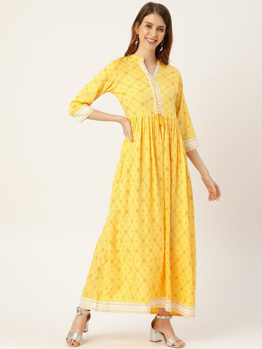 Women's Yellow Floral Printed Mandarin Collar Viscose Rayon Fit And Flare Dress
