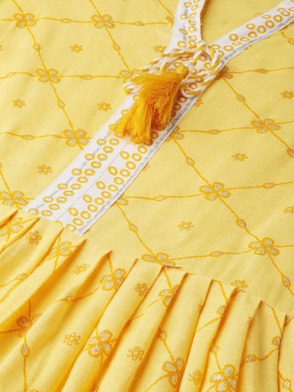 Women's Yellow Floral Printed Mandarin Collar Viscose Rayon Fit And Flare Dress