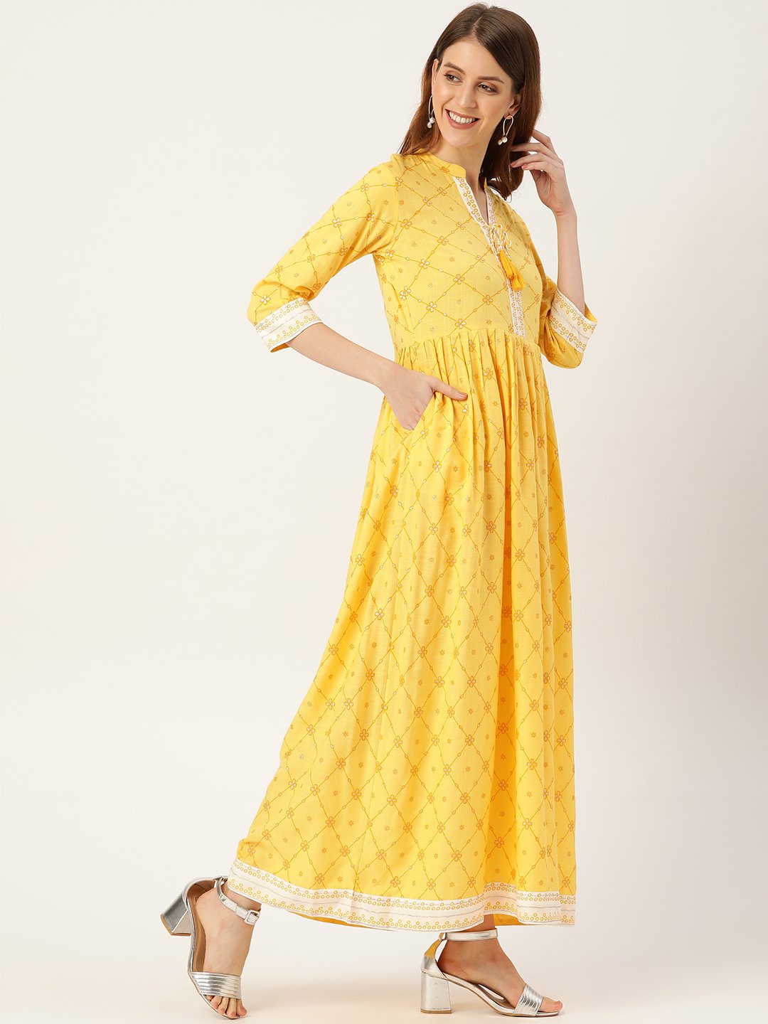 Women's Yellow Floral Printed Mandarin Collar Viscose Rayon Fit And Flare Dress