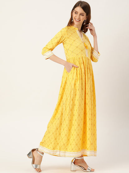 Women's Yellow Floral Printed Mandarin Collar Viscose Rayon Fit And Flare Dress