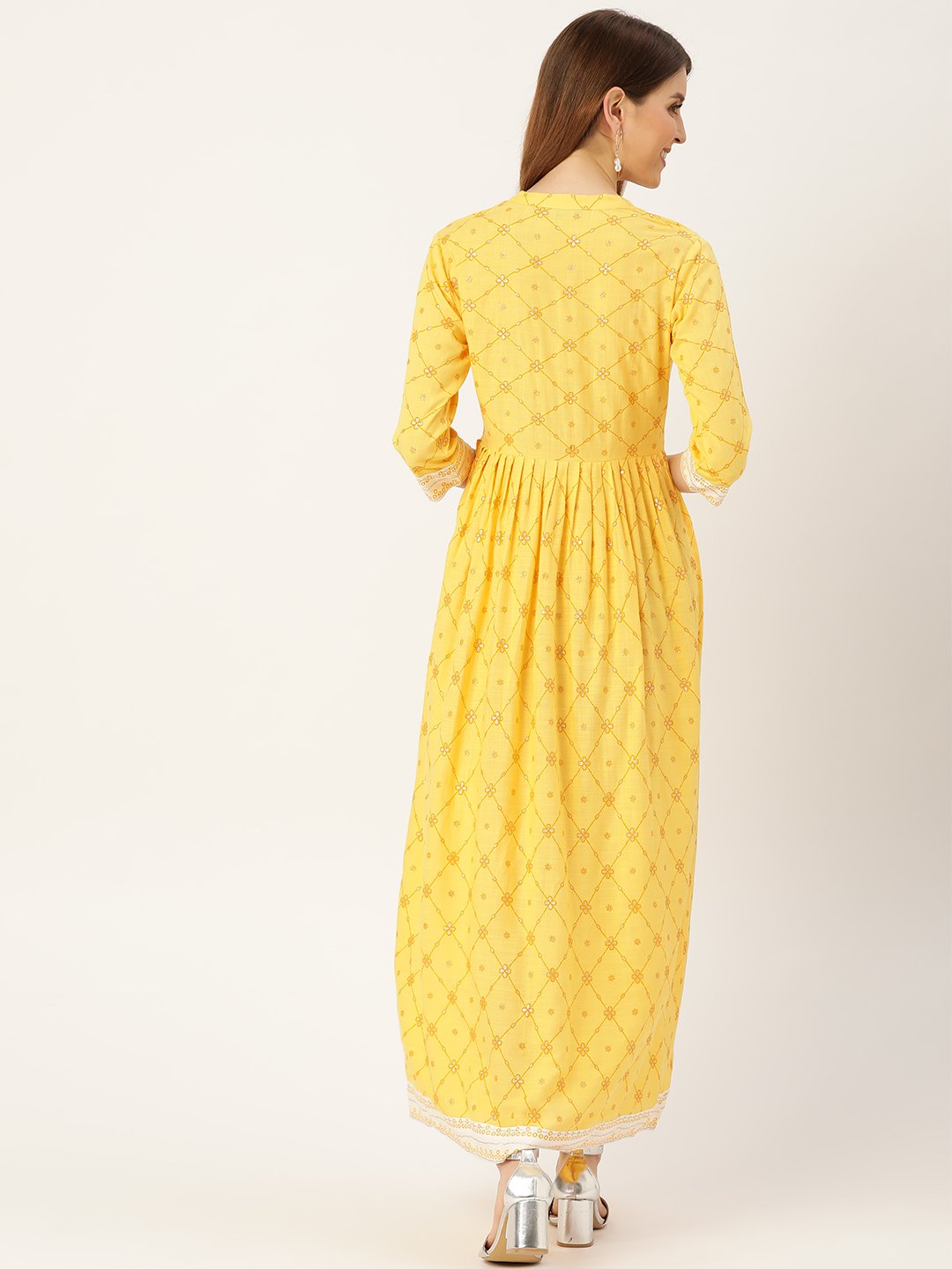 Women's Yellow Floral Printed Mandarin Collar Viscose Rayon Fit And Flare Dress