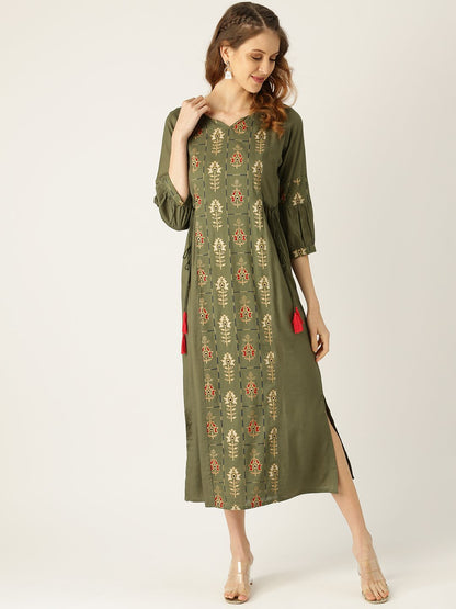 Women's Green Ethnic Motifs Printed V-Neck Viscose Rayon Maxi Dress